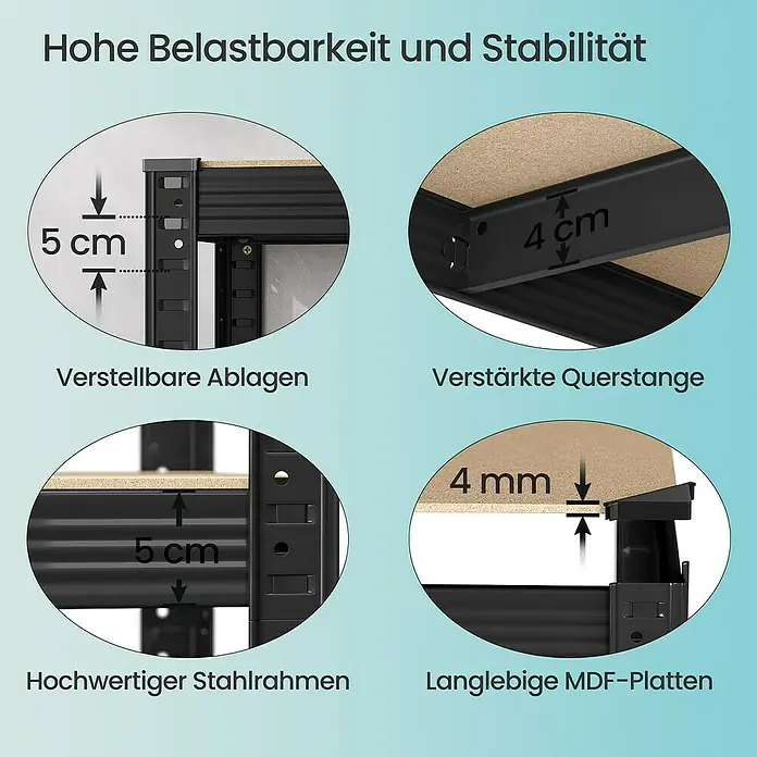 Metallregal - H x B x T: 180 x 90 x 40 cm, Traglast pro Boden: 175 kg, Anzahl Böden: 5 Stk., Stecken, Schwarz - Schwarzes Metallregal mit verstellbaren Ablagen, verstärkter Querstange, Stahlrahmen und 4mm MDF-Platten.