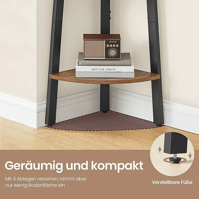 Eckregal - H x B x T: 125 x 33,4 x 33,4 cm, Braun - Eckregal im Industriestil mit braunen Holzablagen, schwarzem Metallrahmen und verstellbaren Füßen, das platzsparend in eine Ecke passt.