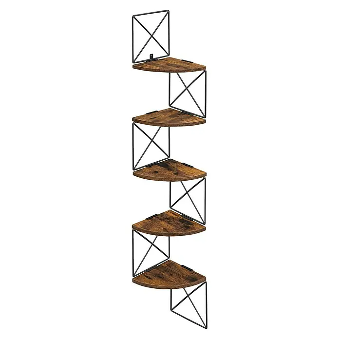Eckregal - H x B x T: 129,4 x 20 x 20 cm, Schwarz/Braun - Fünfstöckiges Eckregal in rustikalem Braun mit schwarzem Metall-X-Rahmen.