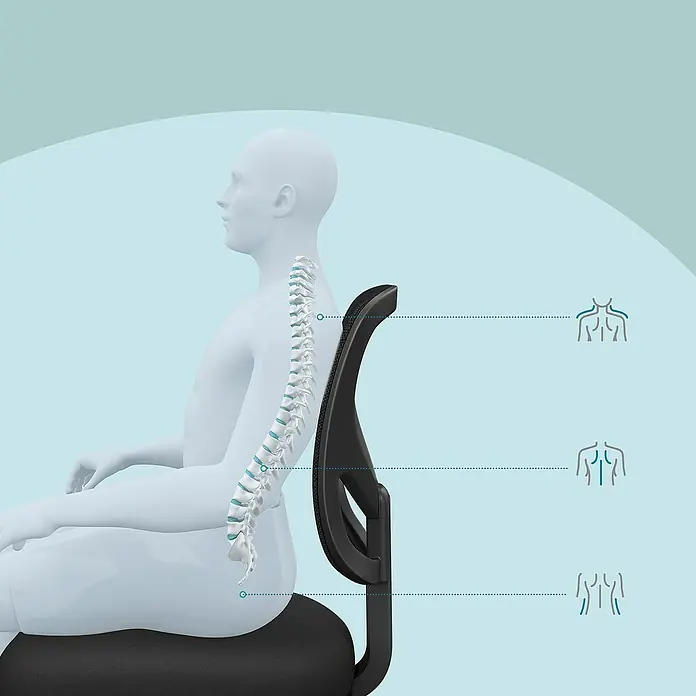 Bürostuhl mit Fußstütze - Höhenverstellung: 98,5 cm - 117,5 cm, B x L: 64 x 64 cm, Schwarz - Seitenansicht einer sitzenden Person mit Wirbelsäule in schwarzem, ergonomischem Bürostuhl, zeigt drei Wirbelsäulen-Stützpunkte.