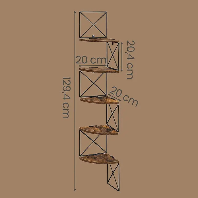 Eckregal - H x B x T: 129,4 x 20 x 20 cm, Schwarz/Braun - Fünfstufiges rustikales braunes Eckregal aus Holz mit schwarzem Metallrahmen, 129,4 cm hoch, 20 cm tiefe Ablagen.