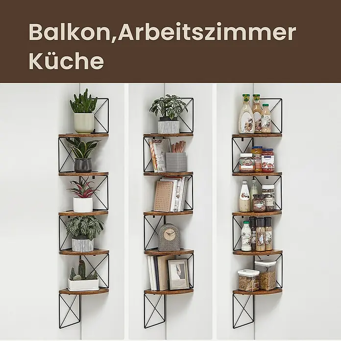 Eckregal - H x B x T: 129,4 x 20 x 20 cm, Schwarz/Braun - Rustikale braune Eckregale mit schwarzen Metallrahmen, für Pflanzen, Bücher und Küchenartikel.