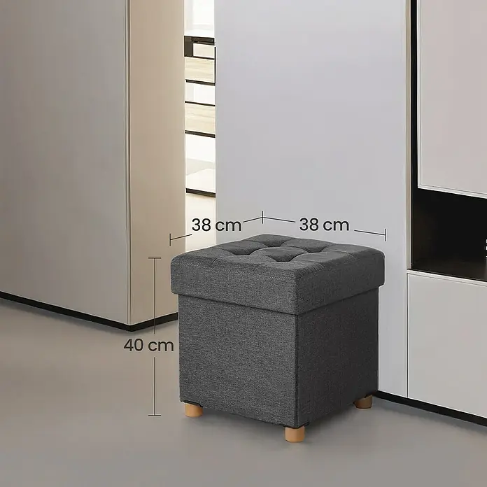 Hocker mit Stauraum - L x B x H: 38 x 38 x 40 cm, Grau - Grauer gepolsterter Aufbewahrungshocker mit Holzbeinen, 38x38x40 cm.