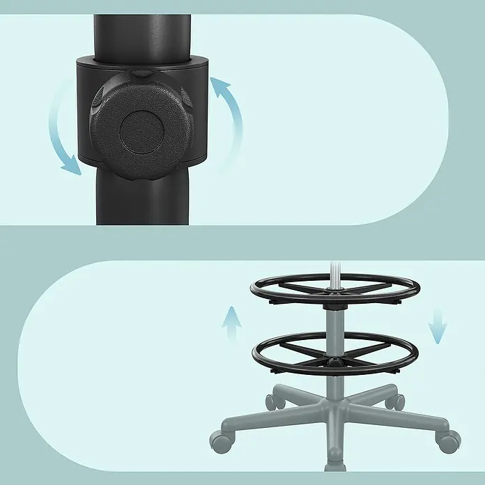 Bürostuhl mit Fußstütze - Höhenverstellung: 98,5 cm - 117,5 cm, B x L: 64 x 64 cm, Schwarz - Nahaufnahme eines schwarzen Drehknopfs zur Höhenverstellung und verstellbare Fußstützen an einem grauen Rollstuhlgestell.