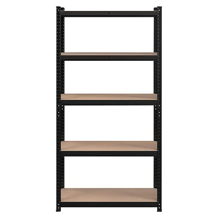 Metallregal - H x B x T: 180 x 90 x 40 cm, Traglast pro Boden: 175 kg, Anzahl Böden: 5 Stk., Stecken, Schwarz - Fünfbödiges schwarzes Metallregal mit hellbraunen Holzablagen.