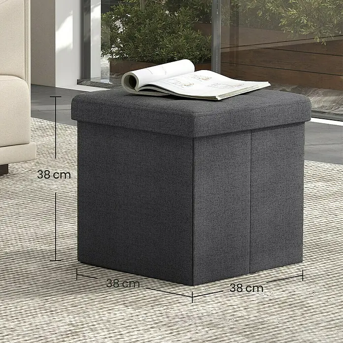Hocker mit Stauraum - L x B x H: 38 x 38 x 38 cm, Grau - Dunkelgrauer Stoff-Aufbewahrungshocker mit Deckel, 38x38x38 cm, in Wohnzimmerumgebung.