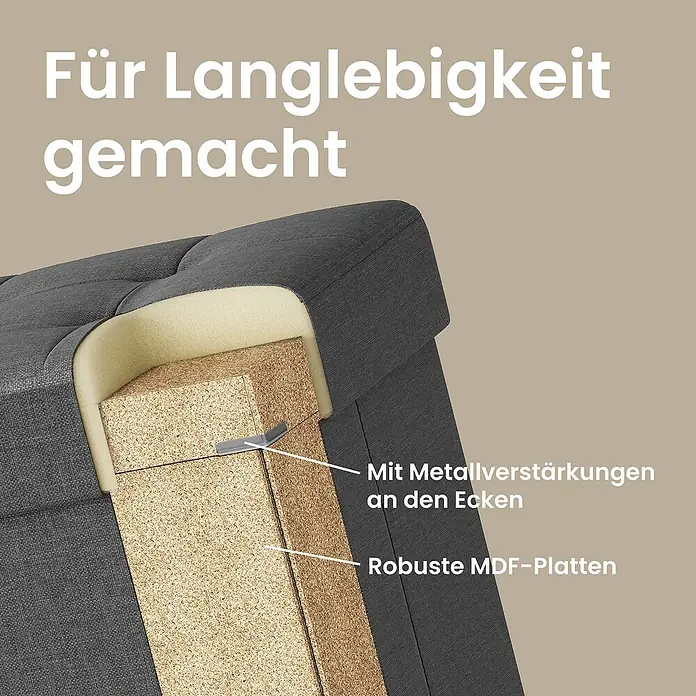 Hocker mit Stauraum - L x B x H: 38 x 38 x 40 cm, Grau - Sofa-Innenseite mit robuster MDF-Konstruktion, Metallecken und Schaumpolsterung unter dunkelgrauem Stoff.