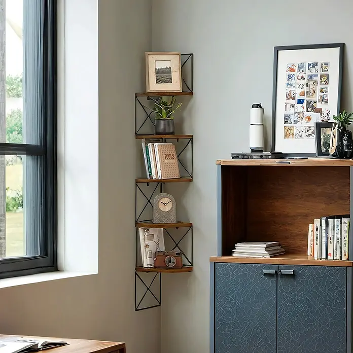 Eckregal - H x B x T: 129,4 x 20 x 20 cm, Schwarz/Braun - Industrielles Eckregal mit dunklen Holzbrettern und schwarzem Metallrahmen, dekoriert mit Büchern und Objekten.