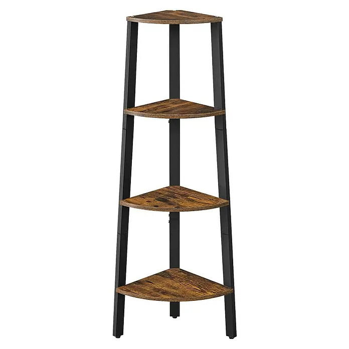 Eckregal - H x B x T: 125 x 33,4 x 33,4 cm, Braun - Vierstöckiges Eckregal mit rustikalen braunen Holzoptikböden und schwarzem Metallrahmen, ideal für kompakten Stauraum in Ecken.