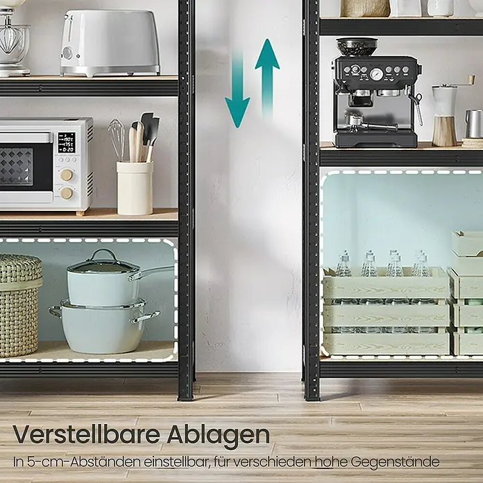 Metallregal - H x B x T: 180 x 90 x 40 cm, Traglast pro Boden: 175 kg, Anzahl Böden: 5 Stk., Stecken, Schwarz - Schwarzes Metallregal mit Holzablagen, höhenverstellbar für verschiedene Küchengeräte und Kochutensilien.