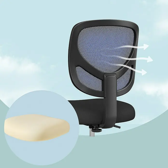 Bürostuhl mit Fußstütze - Höhenverstellung: 98,5 cm - 117,5 cm, B x L: 64 x 64 cm, Schwarz - Schwarze Netz-Rückenlehne eines Bürostuhls mit Luftstrompfeilen und ein Ausschnitt eines hellbeigen Schaumstoffpolsters.