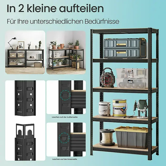 Metallregal - H x B x T: 180 x 90 x 40 cm, Traglast pro Boden: 175 kg, Anzahl Böden: 5 Stk., Stecken, Schwarz - Vielseitiges schwarzes Metallregal mit Holzablagen, als hohes Einzelregal und in zwei kleinere Einheiten geteilt dargestellt, für unterschiedliche Bedürfnisse.