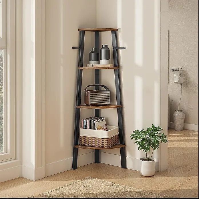 Eckregal - H x B x T: 125 x 33,4 x 33,4 cm, Braun - 5-stöckiges Eckregal mit Holzbrettern und schwarzem Metallrahmen, zur Dekoration im Wohnbereich.