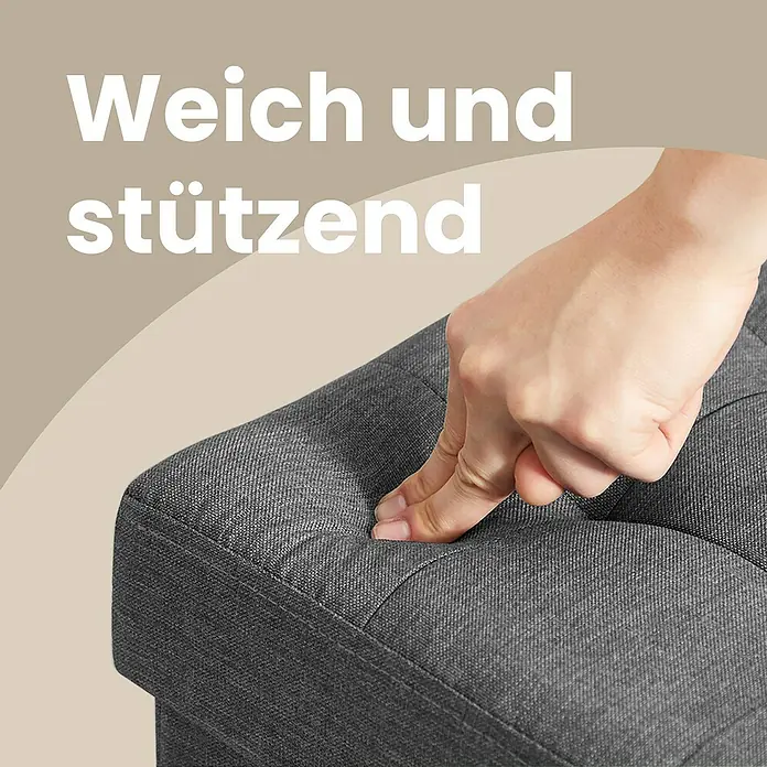 Hocker mit Stauraum - L x B x H: 38 x 38 x 40 cm, Grau - Hand drückt in einen grauen, getufteten Stoffhocker, der seine weiche und stützende Polsterung zeigt.