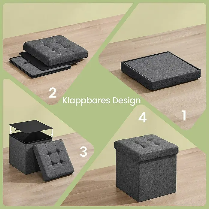 Hocker mit Stauraum - L x B x H: 38 x 38 x 38 cm, Grau - Vier Bilder zeigen einen dunkelgrauen, faltbaren Aufbewahrungshocker aus Stoff, der von flach zu einem quadratischen Hocker mit gepolstertem Deckel montiert wird.