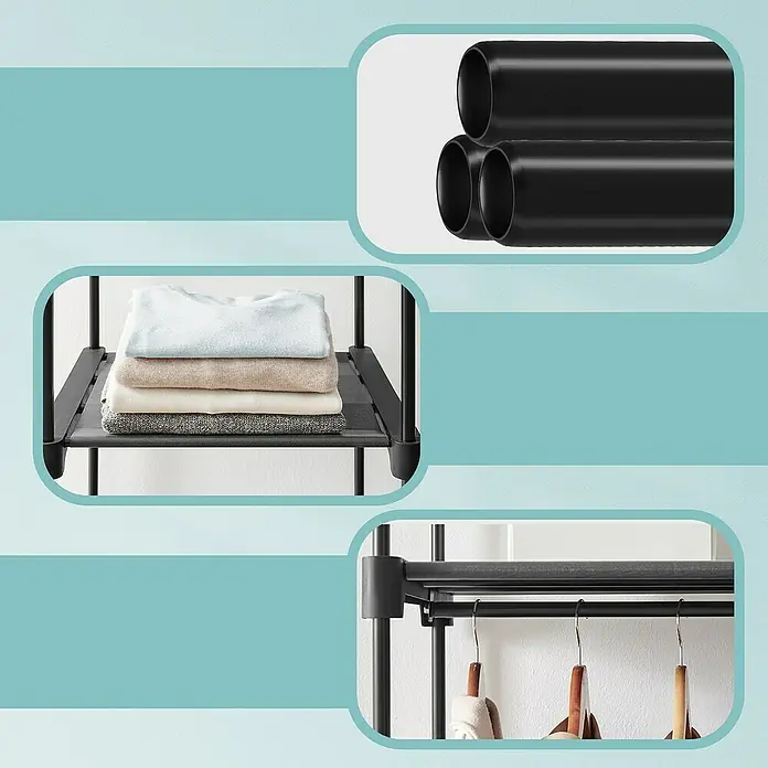Textiler Kleiderschrank - L x B x H: 43 x 140 x 174 cm, Schwarz - Schwarzes Metallregal und Kleiderstangensystem zur Organisation von Kleidung.