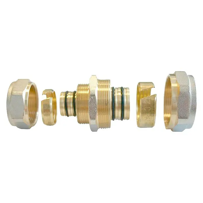 Isoltubex Manguito de compresión reducción - 20 x 18 mm - Imagen del producto que muestra un accesorio de latón, un tipo de conector de plomería con varios componentes.