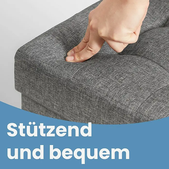 Hocker mit Stauraum - L x B x H: 38 x 76 x 40 cm, Grau - Eine Hand drückt in den weichen, grauen Stoffbezug eines Polsters und demonstriert dessen stützenden Komfort.