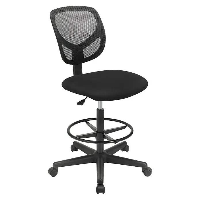 Bürostuhl mit Fußstütze - Höhenverstellung: 98,5 cm - 117,5 cm, B x L: 64 x 64 cm, Schwarz - Schwarzer Zeichentischstuhl mit Netzrückenlehne, gepolstertem Sitz, verstellbarer Höhe, Fußstützring und Rollenfuß.