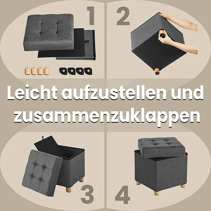 Hocker mit Stauraum - L x B x H: 38 x 38 x 40 cm, Grau - Dunkelgrauer faltbarer Aufbewahrungshocker aus Stoff mit Holzbeinen, Montageschritte.