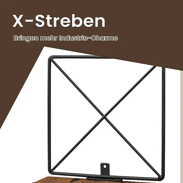 Eckregal - H x B x T: 129,4 x 20 x 20 cm, Schwarz/Braun - Schwarze X-Streben aus Metall für industriellen Charme, auf einer Holzoberfläche montiert.