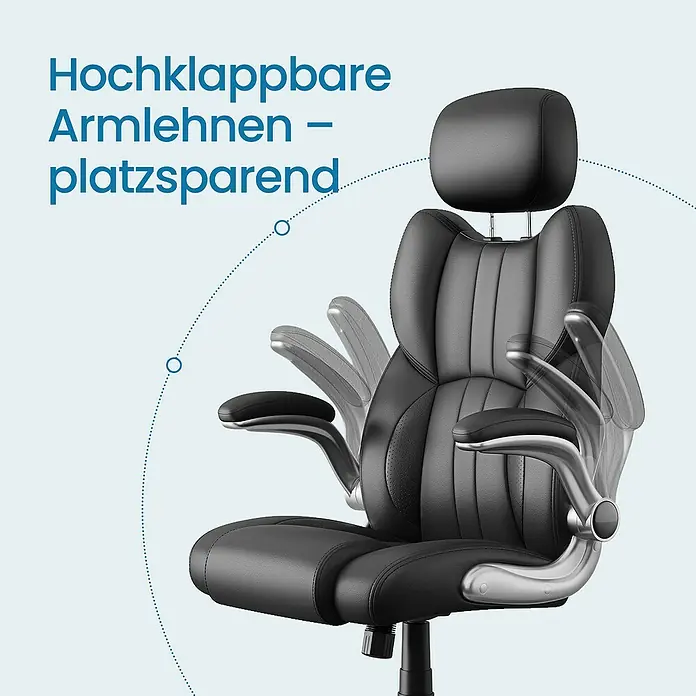 Bürostuhl mit klappbaren Armlehnen - Höhenverstellung: 119 cm - 129 cm, B x L: 72 x 70 cm, Schwarz - Schwarzer Bürostuhl mit hochklappbaren Armlehnen, die platzsparende Funktion ist durch Bewegung angedeutet.