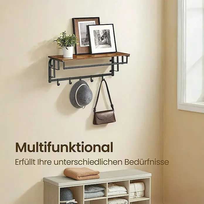 Garderobenpaneel - L x B x H: 30 x 80 x 27 cm, Schwarz/Braun - Wandgarderobe mit rustikalbraunem Regalbrett, schwarzem Metallrahmen, Kleiderstange und Haken, ideal für den Eingangsbereich.