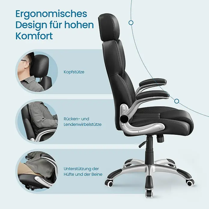 Bürostuhl mit klappbaren Armlehnen - Höhenverstellung: 119 cm - 129 cm, B x L: 72 x 70 cm, Schwarz - Schwarzer ergonomischer Bürostuhl mit silbernen Akzenten, mit Kopf-, Rücken-, Lendenwirbel-, Hüft- und Beinunterstützung.