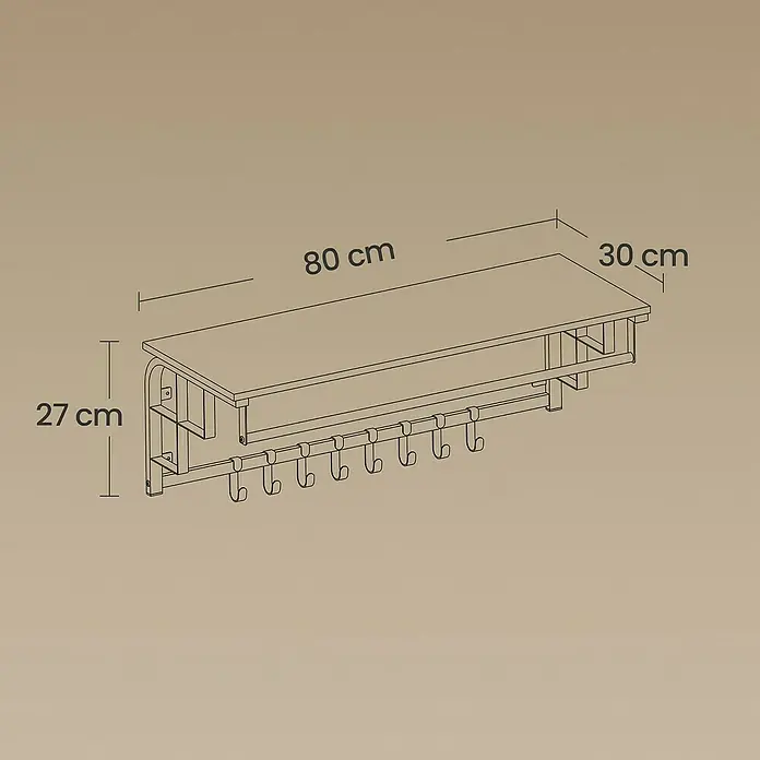 Garderobenpaneel - L x B x H: 30 x 80 x 27 cm, Schwarz/Braun - Wandregal aus Metall und Holz mit 9 Haken, Maße 80x30x27 cm.