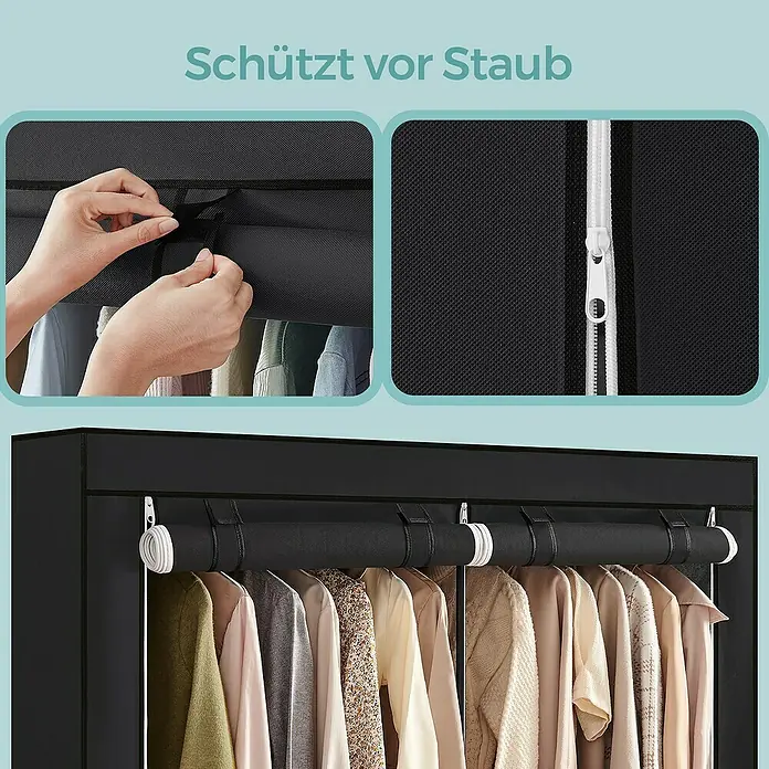 Textiler Kleiderschrank - L x B x H: 43 x 140 x 174 cm, Schwarz - Schwarzer Stoff-Kleiderschrank mit Reißverschlussabdeckung, hochgerollt, zeigt staubgeschützte Kleidung.
