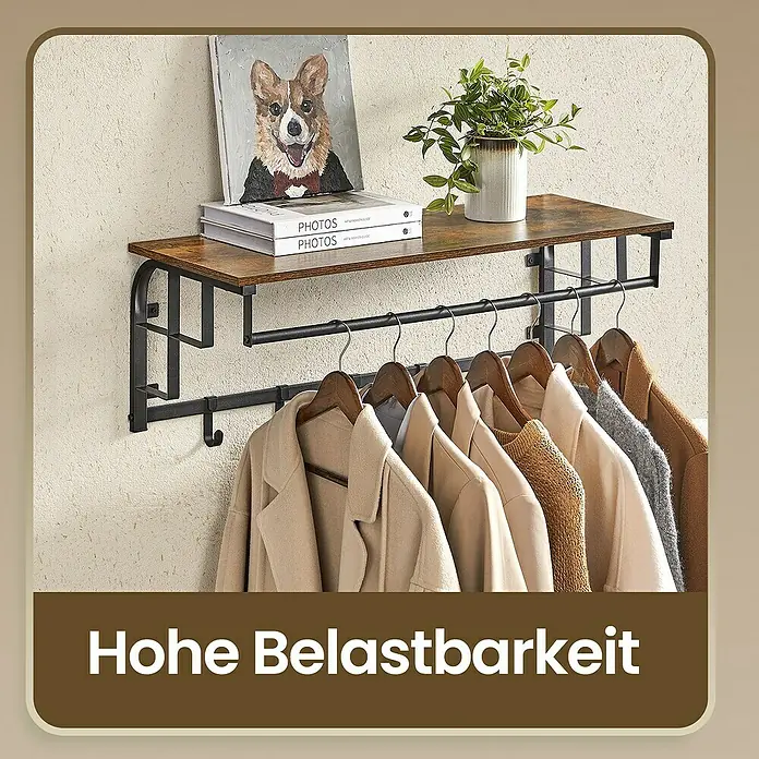 Garderobenpaneel - L x B x H: 30 x 80 x 27 cm, Schwarz/Braun - Robustes Wandregal mit Holzoptik-Ablage und schwarzem Metallrahmen, inklusive Garderobenstange und Haken zur Organisation.