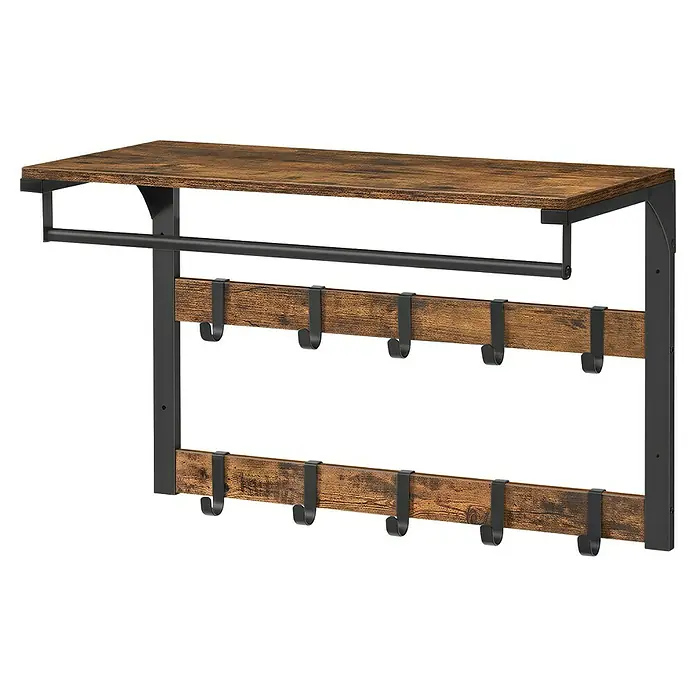 Garderobenpaneel - L x B x H: 30 x 65 x 42 cm, Schwarz/Braun - Wandgarderobe mit rustikaler dunkler Holzablage, schwarzer Metallstange und 10 schwarzen Haken.