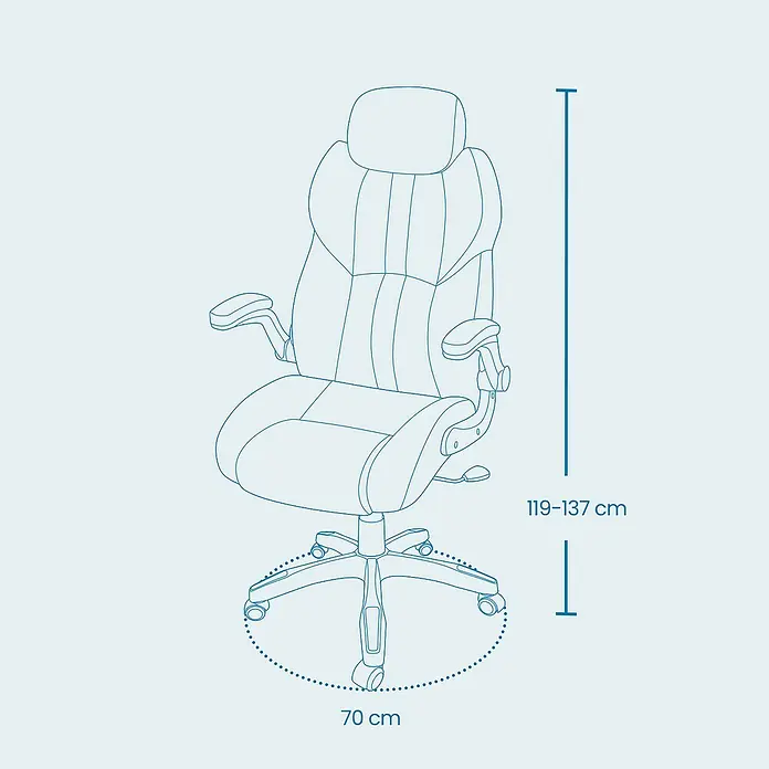 Bürostuhl mit klappbaren Armlehnen - Höhenverstellung: 119 cm - 129 cm, B x L: 72 x 70 cm, Schwarz - Strichzeichnung eines ergonomischen Bürostuhls mit 5-Stern-Fußkreuz. Er ist 119-137 cm hoch und hat 70 cm Basisdurchmesser.