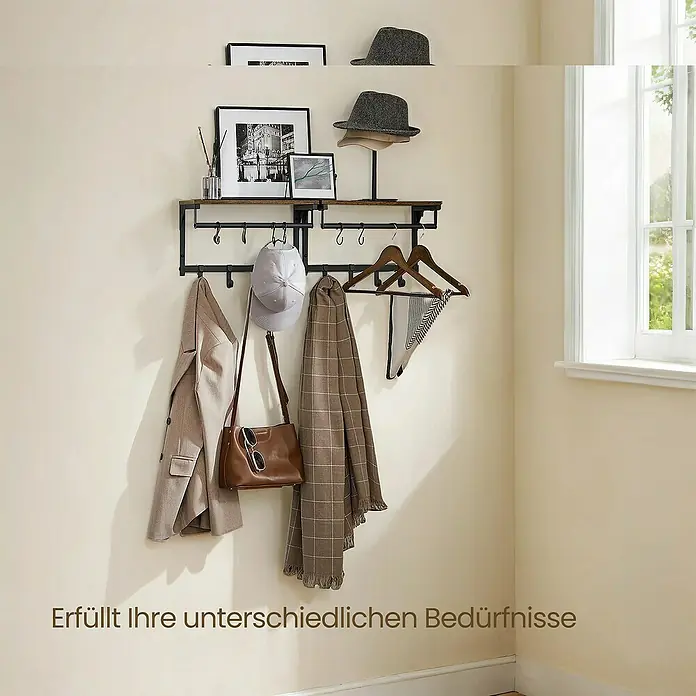 Garderobenpaneel - L x B x H: 24 x 40 x 24 cm, Schwarz/Braun - Wandgarderobe mit dunkler Holzablage und schwarzen Metallhaken, für Mäntel, Hüte und Taschen, mit Deko auf der Ablage.