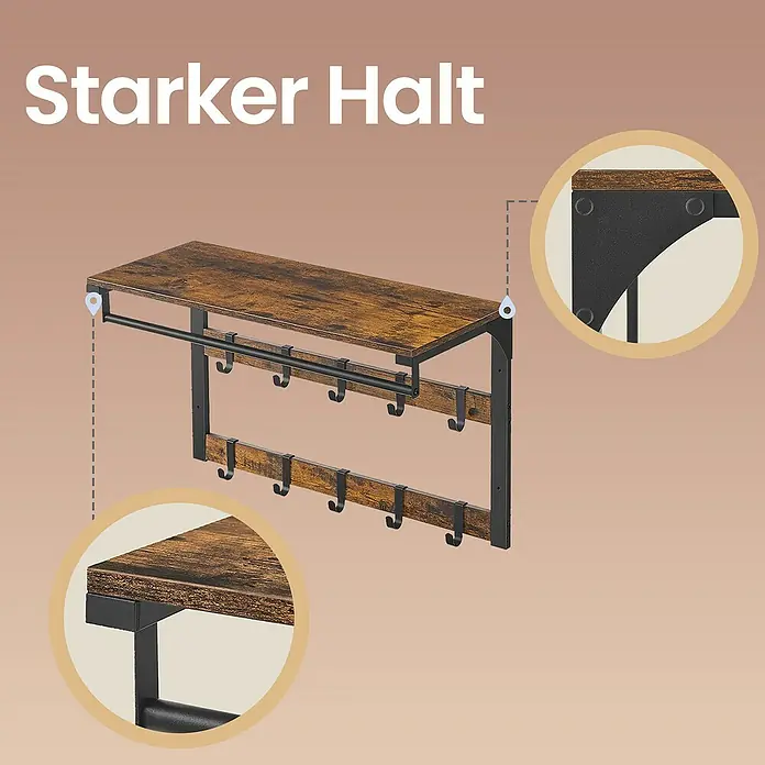 Garderobenpaneel - L x B x H: 30 x 65 x 42 cm, Schwarz/Braun - Wandregal aus rustikalem Holz mit schwarzem Metallrahmen und mehreren schwarzen Metallhaken zum Aufhängen.