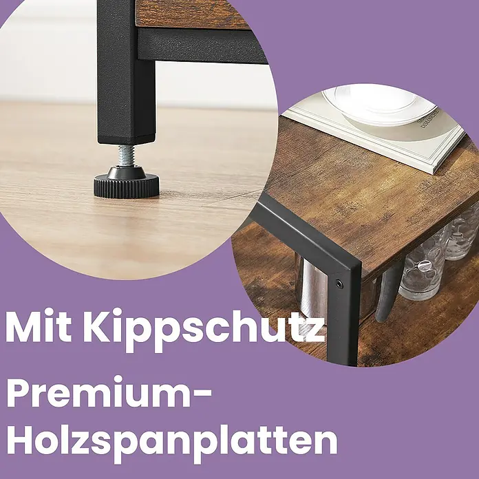 Regal Küchenregal - H x B x T: 95 x 80 x 35 cm, Anzahl Böden: 3 Stk., Schwarz/Braun - Möbelstück mit dunkelbrauner Holzspanplatte und schwarzem Metallrahmen, mit verstellbaren Füßen und Kippschutz.