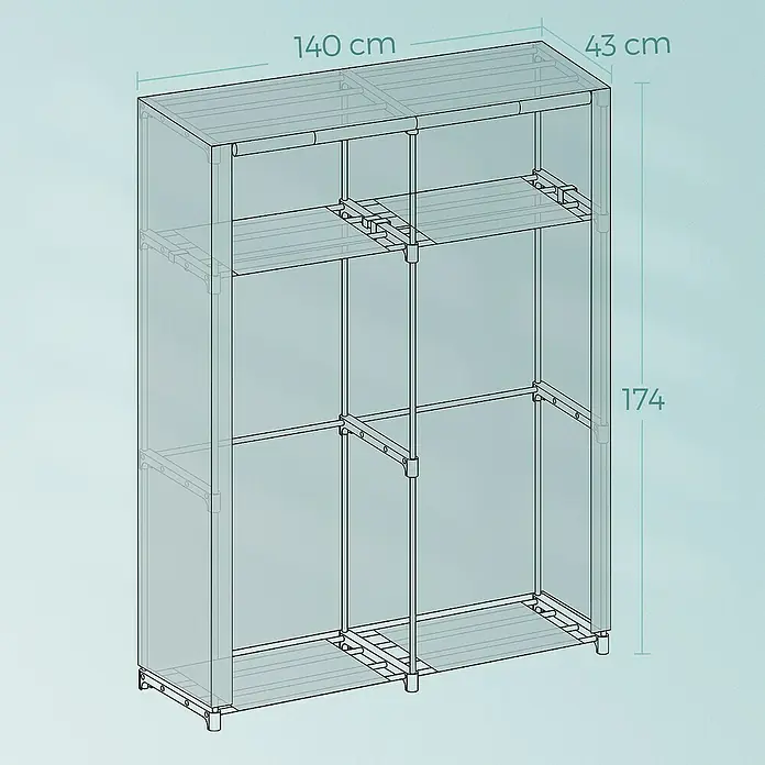 Textiler Kleiderschrank - L x B x H: 43 x 140 x 174 cm, Schwarz - Transparenter modularer Kleiderschrankrahmen mit Regalen und Kleiderstange, 140x43x174 cm.
