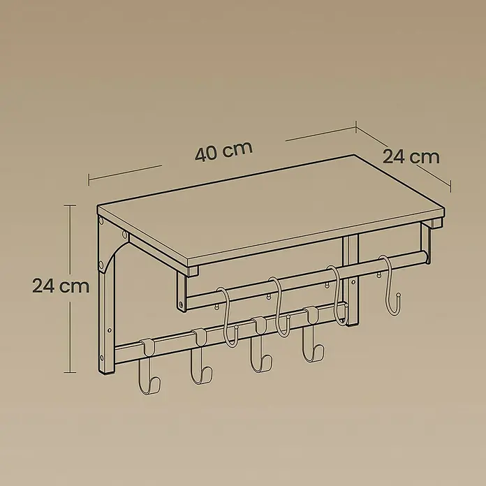 Garderobenpaneel - L x B x H: 24 x 40 x 24 cm, Schwarz/Braun - Wandregal aus Holz mit Metallhaken, 40 cm B x 24 cm T x 24 cm H, ideal zum Aufhängen und Verstauen.