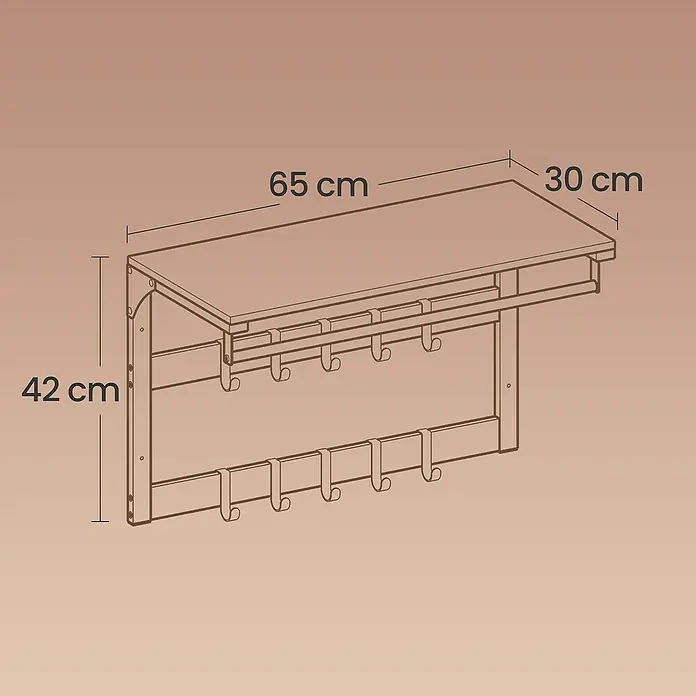 Garderobenpaneel - L x B x H: 30 x 65 x 42 cm, Schwarz/Braun - Wandregal in Holzoptik Braun mit Haken, 65x30x42 cm, für ordentliche Aufbewahrung.