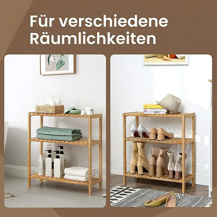 Holzregal - H x B x T: 66 x 60 x 26 cm, Traglast pro Boden: 10 kg, Anzahl Böden: 3 Stk., Braun - Ein 3-stöckiges Bambus-Regal mit Lattenrost, gezeigt als Bad-Organizer mit Toilettenartikeln und Handtüchern, und als Schuhregal.