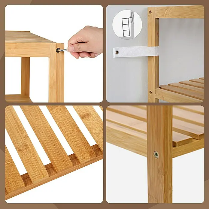 Holzregal - H x B x T: 66 x 60 x 26 cm, Traglast pro Boden: 10 kg, Anzahl Böden: 3 Stk., Braun - Bambusregal in Naturholzoptik, Details zu Montage, Lattenböden und Kippsicherung für die Wandbefestigung.
