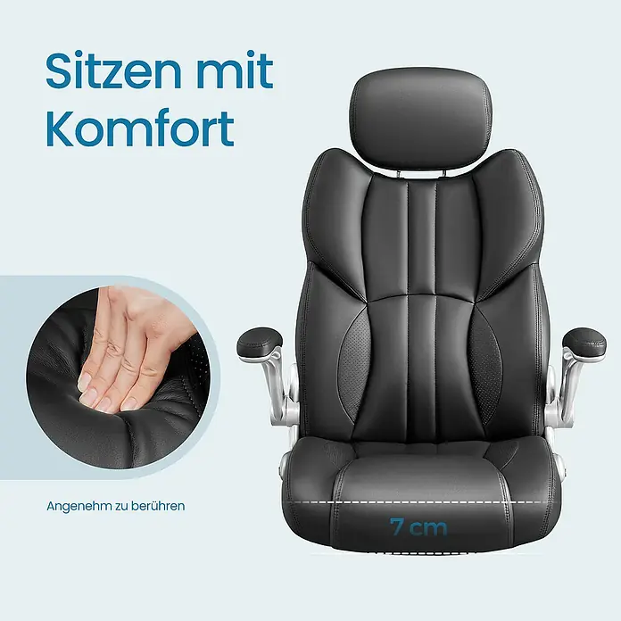 Bürostuhl mit klappbaren Armlehnen - Höhenverstellung: 119 cm - 129 cm, B x L: 72 x 70 cm, Schwarz - Schwarzer ergonomischer Bürostuhl aus Kunstleder mit dicker, bequemer Polsterung.