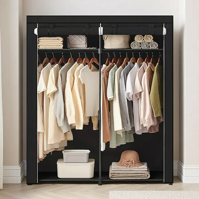 Textiler Kleiderschrank - L x B x H: 43 x 140 x 174 cm, Schwarz - Schwarzer tragbarer Stoffschrank mit zwei Fächern, der Kleidung, Körbe und Boxen aufbewahrt.