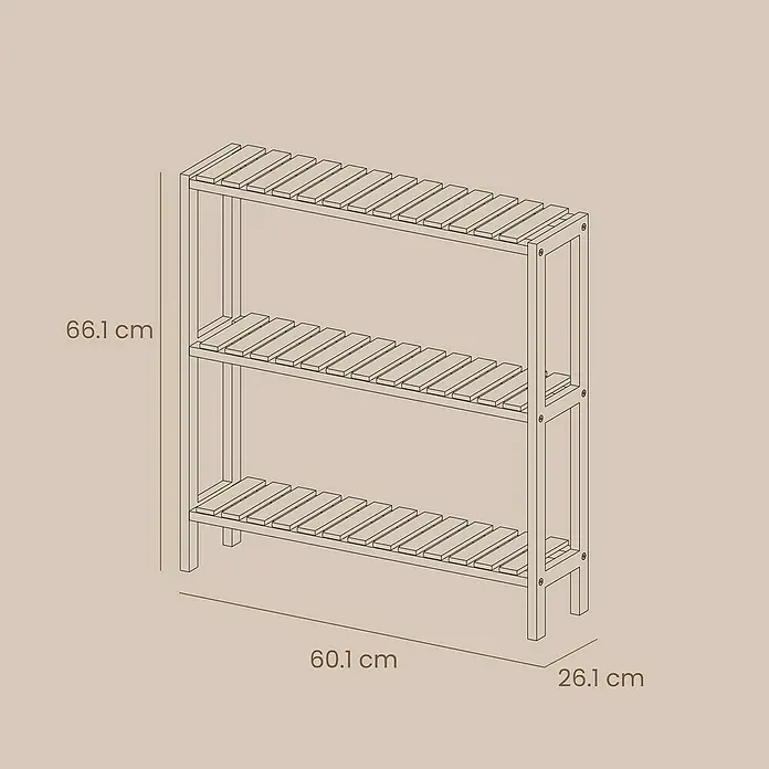 Holzregal - H x B x T: 66 x 60 x 26 cm, Traglast pro Boden: 10 kg, Anzahl Böden: 3 Stk., Braun - Dreistufiges Holzregal mit Lattenrost, 66,1 cm hoch, 60,1 cm breit, 26,1 cm tief.