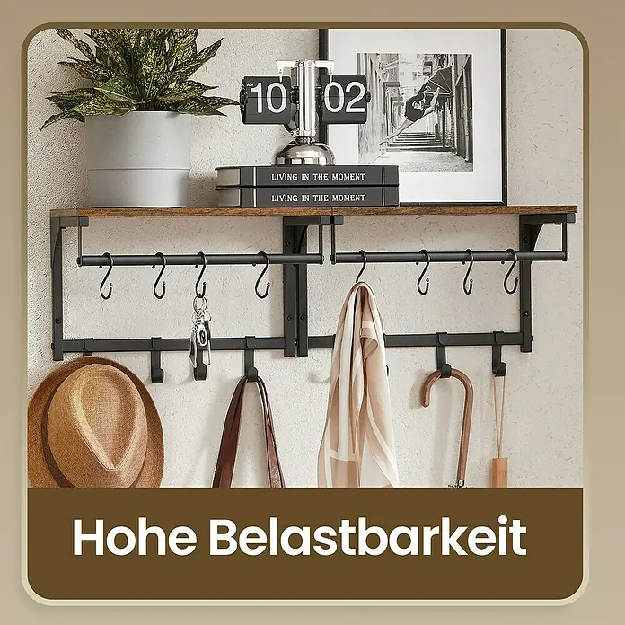 Garderobenpaneel - L x B x H: 24 x 40 x 24 cm, Schwarz/Braun - Wandgarderobe mit braunem Holzregal und schwarzem Metallrahmen, ausgestattet mit Hut, Tasche und Schal.