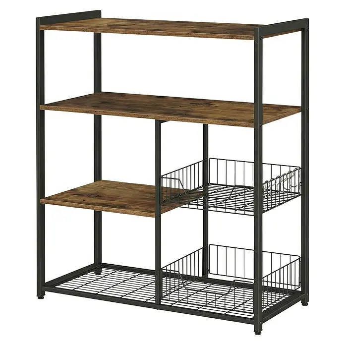 Regal Küchenregal - H x B x T: 95 x 80 x 35 cm, Anzahl Böden: 3 Stk., Schwarz/Braun - Regal im Industriestil mit dunklem Metallrahmen, vier rustikalen braunen Holzregalböden und zwei ausziehbaren Drahtkörben zur Aufbewahrung.