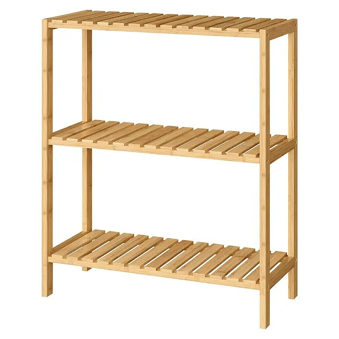 Holzregal - H x B x T: 66 x 60 x 26 cm, Traglast pro Boden: 10 kg, Anzahl Böden: 3 Stk., Braun - Helles, dreistöckiges Bambusregal mit Lattenböden zur Aufbewahrung.