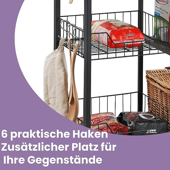 Regal Küchenregal - H x B x T: 95 x 80 x 35 cm, Anzahl Böden: 3 Stk., Schwarz/Braun - Schwarzes Metallregal mit mehreren Körben und Seitenhaken, gefüllt mit Lebensmitteln und Küchenutensilien.