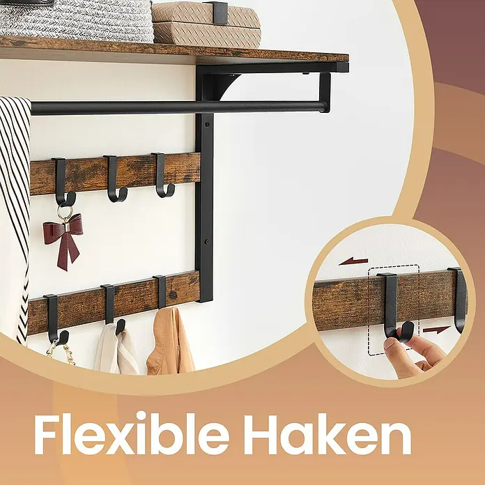Garderobenpaneel - L x B x H: 30 x 65 x 42 cm, Schwarz/Braun - Wandorganizer aus schwarzem Metall und rustikalem Holz mit Kleiderstange und verstellbaren Haken.