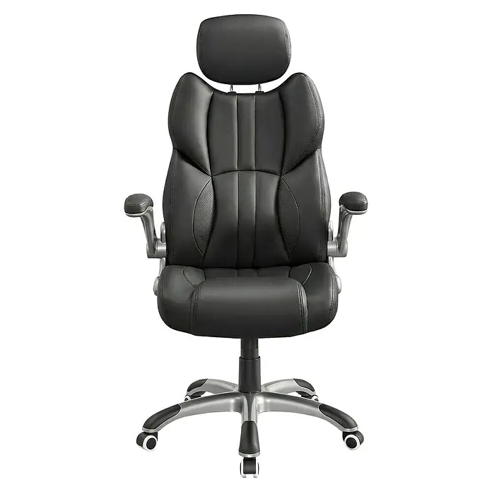 Bürostuhl mit klappbaren Armlehnen - Höhenverstellung: 119 cm - 129 cm, B x L: 72 x 70 cm, Schwarz - Schwarzer ergonomischer Bürostuhl mit Kopfstütze, gepolsterten Armlehnen und fünfarmigem Rollgestell.